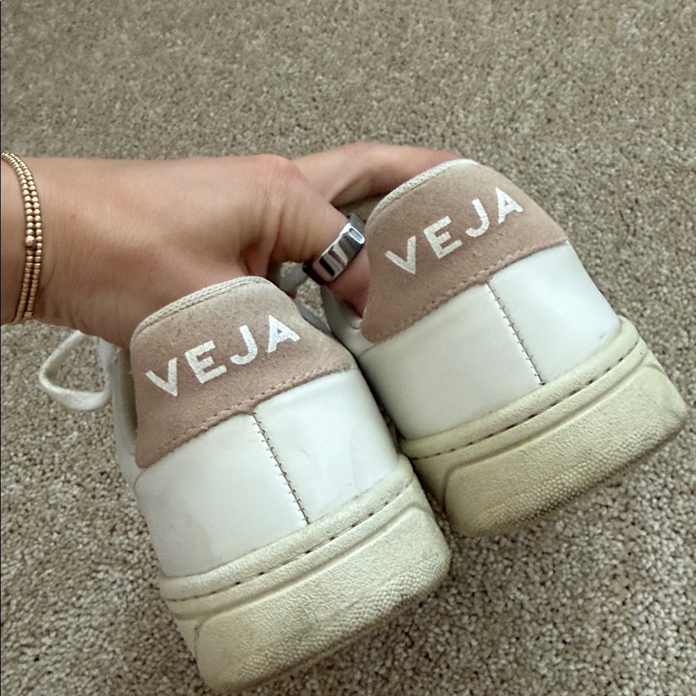 Veja V-12 Leather Suede White Sneakers in Babe Pink - Picture 6 of 10